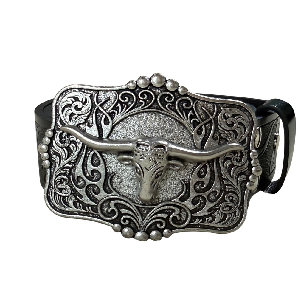 Kids Western Belt Black Faux Leather Longhorn Floral Silver Bull Trophy Buckle